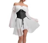 FDKLOOK Womens White Black Corset Dresses 2 Piece Outfit Off Shoulder Bell Sleeve Fairy Casual Party Bustier Dress M