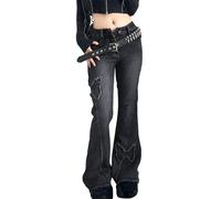 FDKLOOK Womens Y2k Pants Low Rise Flare Jeans Butterfly Patchwork Jeans Slim Fit Distressed Vintage Bell Bottom Black M