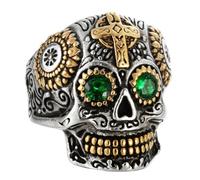 FDOSIJFOS Stainless Steel Punk Cross Ring with Green/Red CZ Eyes, Vintage Biker Jewellery for Men Women(Green Gem,O)