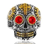 FDOSIJFOS Stainless Steel Punk Cross Ring with Green/Red CZ Eyes, Vintage Biker Jewellery for Men Women(Red Gem,Z+1)