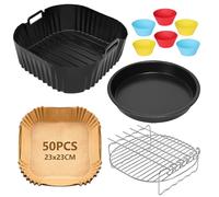 FDOUIGE Hot Air Fryer Accessories 23 cm - Airfryer Accessories XXL for Cosori 6L, 6.2L, 6.4L, Russell Hobbs 8L, Air Fryer Accessories with Silicone Mould, Cooking Grates, Pizza Pan, Baking Paper