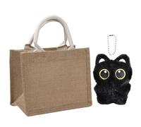 FDRJKN 2-Piece Set Shopping Bags, Jute Tote Bag with Black Cat Plush, Beach Bag, Picnic Bag, Hessian Shopping Bags, Plain Tote Bags, Small Jute Bag for Women, Everyday Use