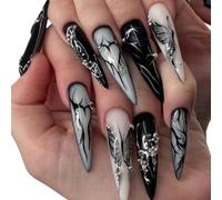 fdsmall 24Pcs Halloween Press on Nails-12 Sizes Medium Length Almond False Nails,Glue On Nails for Women with Metal Spider (Black Butterfly)
