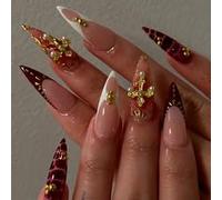 fdsmall 24pcs Long Press on Nails Almond Brown False Nails Gold Charm Flowers Artificial Nails 3D Floral Rhinestone Fake Nails for Women (Brown Cross)