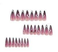 fdsmall 24pcs Long Press on Nails Almond Brown False Nails Gold Charm Flowers Artificial Nails 3D Floral Rhinestone Fake Nails for Women (Red)