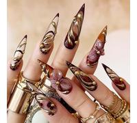 fdsmall 24pcs Long Press on Nails Almond Brown False Nails Gold Charm Flowers Artificial Nails 3D Floral Rhinestone Fake Nails for Women (Brown Flower)