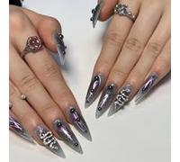 fdsmall 24pcs Long Press on Nails Almond Brown False Nails Gold Charm Flowers Artificial Nails 3D Floral Rhinestone Fake Nails for Women (Silver Snake)