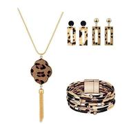 fdsmall 3 Pieces Bohemia Leopard Jewelry Set Leopard Print Necklace Multilayer Leather Wrap Bracelets Teardrop Leather Earrings Trapezoid Earring Set Christmas Day Jewelry (06)