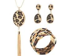 fdsmall 3 Pieces Bohemia Leopard Jewelry Set Leopard Print Necklace Multilayer Leather Wrap Bracelets Teardrop Leather Earrings Trapezoid Earring Set Christmas Day Jewelry (07)