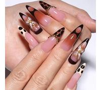 fdsmall 30pcs French Press on Nails Medium Almond Fake Nails Leopard Print 3D Flower Fake Nails Retro False Nails (Brown)