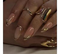 fdsmall 3D Bow French Press on Nails 24pcs Almond Medium Pearl Pink Flower Fake Nails Bling Glossy Finger Manicure for Women (Gold)