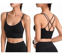 fdsmall Backless Sports Bra Cross Back Yoga Sports Bra for Women Strappy Padded Yoga Bra Wirefree Bra Fitness Strappy Bralette Seamless Gym Bras Tops for Workout & Casual (Black, L)