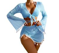 fdsmall Bikini Sets for Women with Longsleeves 4-Pieces Swimsuit Halter Neck Bikini Low Waist String Triangle Swimwear with Pads Bikini Set with Cover Up (UK, Alpha, S, Regular, Regular, Blue)