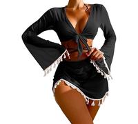 fdsmall Bikini Sets for Women with Longsleeves 4-Pieces Swimsuit Halter Neck Bikini Low Waist String Triangle Swimwear with Pads Bikini Set with Cover Up (UK, Alpha, L, Regular, Regular, Black)