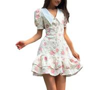 fdsmall Floral Mini Dress for Women Puff Sleeves & Ruffle Hem with Peter Pan Collar Short Dress V-Neck A line Dresses with Button Front (UK, Alpha, S, Regular, Regular, Pink)