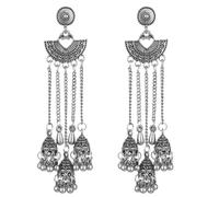 fdsmall Indian Layered Jhumka Dangle Earrings Tassel Drop Dangle Bell Beaded Statement Earring Long Chain Tassel Jewelry Wedding Party Festival Bohemian Jewelry for Women (04 Silver)