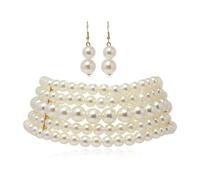 fdsmall Layered Pearl Choker Necklace 5Rows Choker Simulated Pearl Rhodium Plated Elegance Charm Women Necklace Wedding Suite Pearls Choker Necklace for Party with Earrings - White, Alloy steel,