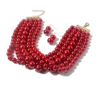 fdsmall Layered Pearl Choker Necklace 5Rows Simulated Pearl Rhodium Plated Elegance Charm Women's Wedding Suite Beads Choker for Party with Earrings(Red)