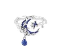 fdsmall Moon Star Women Rings Retro Enamel Silver Ring Blue Moon and Star Cubic Zirconia Open Ring Stackable Vintage Jewelry (Moon)
