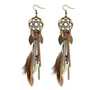 fdsmall Retro Feather Drop Earrings Faux Feather Earrings Bohemian Fringe Earrings Tassel Dangle Earrings Feather Earrings with Leaf and Rope Pendants and Round Dreamcatcher Earrings (01) (01)