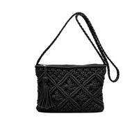 fdsmall Straw Crossbody Bag for Women, Handwoven Macrame Shoulder Bag with Zipper Closure, Lightweight Summer Beach Tote Handbag for Women Vacation Daily Use (Black)