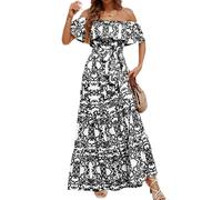 fdsmall Women Summer Maxi Dress Bohemia Off Shoulder Floral Ruffle A Line with Belt and Pocket Beach Flowy Long Dresses (UK, Alpha, 3XL, Plus, Regular, Black)