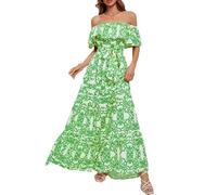 fdsmall Women Summer Maxi Dress Bohemia Off Shoulder Floral Ruffle A Line with Belt and Pocket Beach Flowy Long Dresses (UK, Alpha, XL, Plus, Regular, Green)