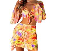 fdsmall Women's 4 Piece Bikini Set Summer Floral Halter Triangle Bathing Suit High Waist Swimwear with Cover Up Skirt Bikini Sets (UK, Alpha, M, Regular, Regular, Yellow)