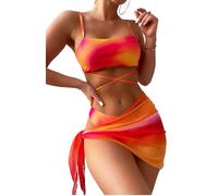 fdsmall Women's Bikini Set Low Waist String Triangle Bikini with Skirt 3 Piece Bikini Swimsuit Tie Dye High-Cut Swimwear Swimming Trunks Orange (UK, Alpha, M, Regular, Regular, Orange)