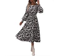 fdsmall Women's Boho Maxi Dress Leopard Print Long Sleeve Round Neck Ruffle Dress with Tie Waist,Casual Vogue Midi Dresses (UK, Alpha, XL, Plus, Regular, White)