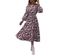 fdsmall Women's Boho Maxi Dress Leopard Print Long Sleeve Round Neck Ruffle Dress with Tie Waist,Casual Vogue Midi Dresses (UK, Alpha, M, Regular, Regular, Red)