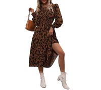 fdsmall Women's Boho Maxi Dress Leopard Print Long Sleeve Round Neck Ruffle Dress with Tie Waist,Casual Vogue Midi Dresses (UK, Alpha, XL, Plus, Regular, Brown)