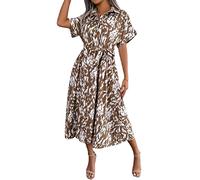 fdsmall Womens Boho Maxi Dress Summer Leopard Print Casual Short Sleeve Dress Floral Midi Tshirt Dresses (UK, Alpha, XL, Plus, Regular, Khaki)
