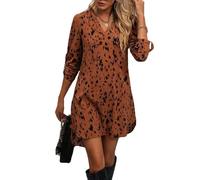 fdsmall Women's Casual Boho Mini Dresses Leopard Print V Neck Long Tie Sleeve Dress Loose Waist Above The Knee Party Dress (UK, Alpha, S, Regular, Regular, Brown)