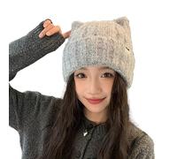 fdsmall Women's Cat Ear Beanie Hat, Knitted Beanie Hat with Ears Knitted Winter Warm Elastic Cap Windproof Beanies Hats for Outdoors Sport Skiing Hiking Cycling (Grey)