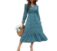 fdsmall Women's Floral V Neck Midi Dress Long Sleeve Polka Dot Maxi Dress Ruffle Elastic Waist Fall Boho Tea Break Dresses (UK, Alpha, XXL, Plus, Regular, Blue)
