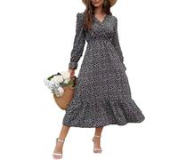 fdsmall Women's Floral V Neck Midi Dress Long Sleeve Polka Dot Maxi Dress Ruffle Elastic Waist Fall Boho Tea Break Dresses (UK, Alpha, XL, Plus, Regular, Black)
