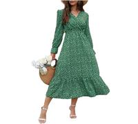 fdsmall Women's Floral V Neck Midi Dress Long Sleeve Polka Dot Maxi Dress Ruffle Elastic Waist Fall Boho Tea Break Dresses (UK, Alpha, XXL, Plus, Regular, Green)