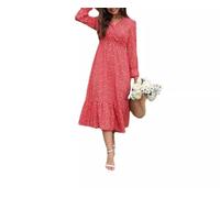 fdsmall Women's Floral V Neck Midi Dress Long Sleeve Polka Dot Maxi Dress Ruffle Elastic Waist Fall Boho Tea Break Dresses (UK, Alpha, XL, Plus, Regular, Red)