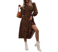 fdsmall Women's Long Sleeve Leopard Print Retro Crew Neck A Line Flowy Casual Midi Dresses Tie Waist Swing Cute Going Out Dresses (UK, Alpha, S, Regular, Regular, Yellow)