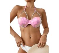fdsmall Women's Mermaid Bikini Top Mermaid Fish Scale Halter Top Metallic Sparkly Bikini Bra Top Seashell Beach Ties Halter Bra Swimwear (UK, Alpha, L, Regular, Regular, Pink)