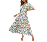 fdsmall Women's Summer Casual Batwing Sleeve Maxi Dress Boho Floral V Neck Ruffle Dress Beach Long Sundress for Women (UK, Alpha, M, Regular, Regular, Green)