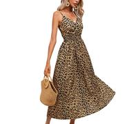 fdsmall Women's Summer Dresses V Neck Spaghetti Strap Sleeveless Casual Midi Dress Leopard Casual Sundress (UK, Alpha, L, Regular, Regular, Yellow)