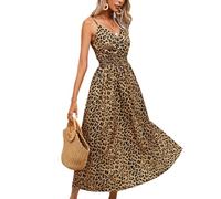 fdsmall Women's Summer Maxi Dress Leopard Print A Line V Neck Elastic Waist Dress Casual Boho Beach Vacation Long Dress (UK, Alpha, M, Regular, Regular, Yellow)