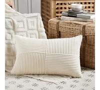 FDTERN Cream Lumbar Decorative Throw Pillow Covers 16x32 Inch for Living Room Couch Bed Sofa, Rustic Farmhouse Boho Home Decor, Soft Striped Corduroy Rectangle Accent Cushion Covers 40x80 cm