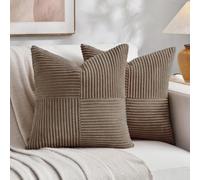 FDTERN Decorative Throw Pillow Covers 14 x 14 Inch for Living Room Couch Bed, Rustic Farmhouse Boho Home Decor, Soft Striped Corduroy Accent Cushion Case, 35 x 35 cm (Pack of 2), Light Brown