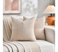 FDTERN Decorative Throw Pillow Covers 14 x 14 Inch for Living Room Couch Bed, Rustic Farmhouse Boho Home Decor, Soft Striped Corduroy Accent Cushion Covers, 35 x 35 cm (Pack of 2), Tan