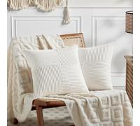 FDTERN Decorative Throw Pillow Covers for Living Room Couch Bed, Rustic Farmhouse Boho Home Decor, Soft Striped Corduroy Accent Cushion Covers, 80 x 80 cm (Pack of 2), Cream White