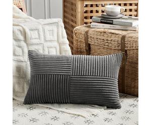 FDTERN Set of 1 Dark Gray Long Lumbar Decorative Throw Pillow Covers 12x24 Inch for Couch Bed Sofa, Rustic Farmhouse Boho Home Decor, Soft Striped Corduroy Rectangle Accent Cushion Case 30x60 cm