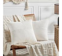 FDTERN Set of 2 Boho Corduroy Cushion Covers 35 x 35 Milky White, Fluffy Decorative Cushion Covers Classic Pattern Cross Stripes Invisible Zipper Pillow Case for Sofa Bed Home